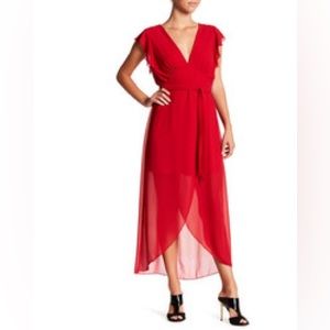 Revolve NSR Red Chiffon Flutter Sleeve Faux Wrap Dress